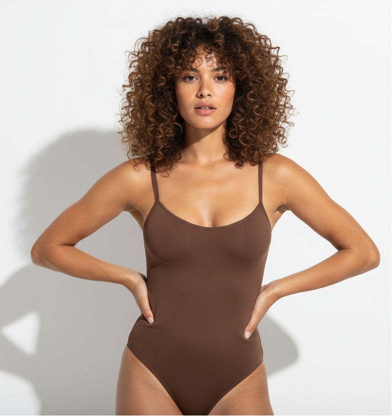 Professional 1:1 studiofoto van dezelfde vrouw. Geen verandering in gezicht of lichaam. Real skin texture. Real pores. Natural imperfections. Dunne schouderbandjes. Shapewear bodysuit in bruin. Clean white studio. Zachte schaduw. Direct eye contact. Pose handen in de zij met een lichte heupshift. Tan huid, curly hair shoulder length, vol, 28 jaar, sterke rustige blik.
